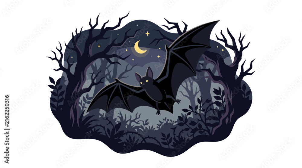 Obraz premium Halloween Night Forest Illustration Vector. Two Flying Black Bats in Spooky Woodland. Midnight Sky with Crescent Moon and Stars. Dark Blue and Purple Halloween Graphic Supplies for Night