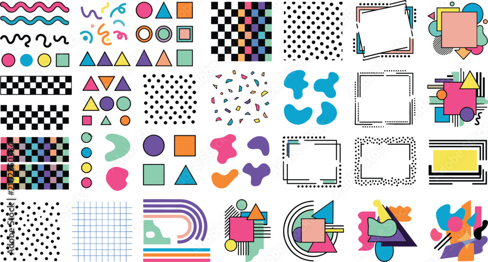 Obraz premium Retro Memphis Style Geometric Element Vector Set with Abstract Shapes, Colorful Patterns, Polka Dots, Grid Lines, Squiggles, and Quirky Frame Designs
