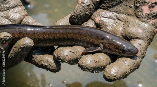 Mud-caked hands gently hold a live eel. Person catches slippery aquatic animal from murky river water. Close-up shows wet skin, dark scales, and creature.