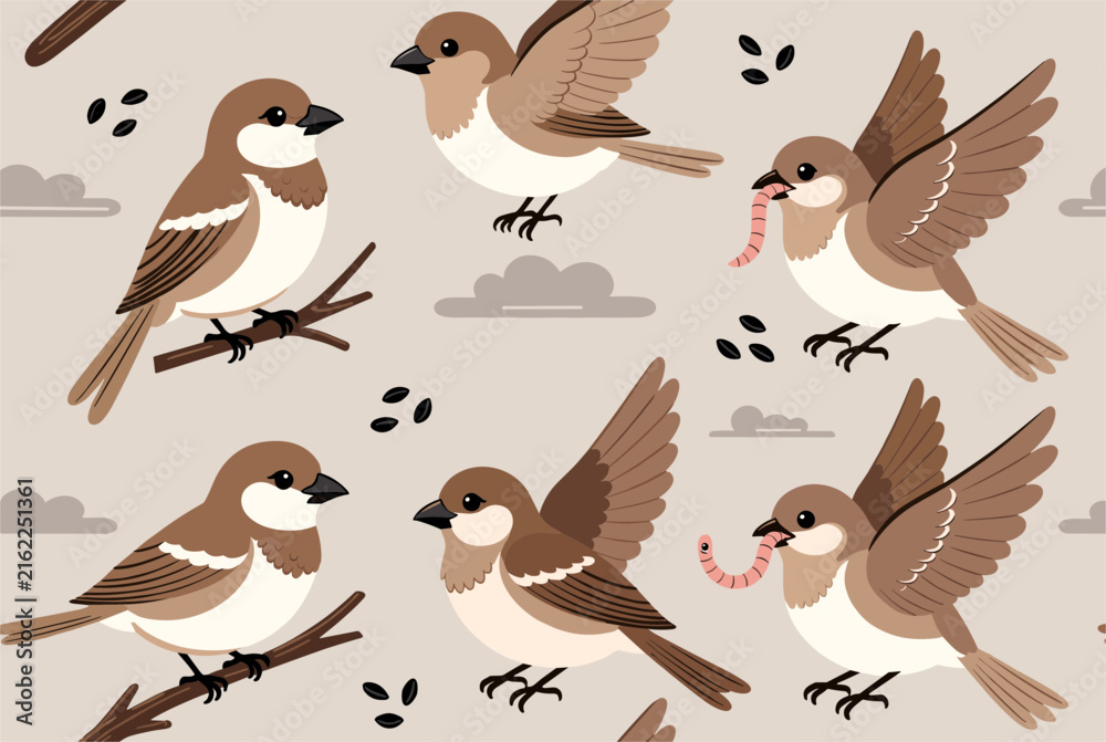 Obraz premium Beautiful seamless pattern of cute sparrows sitting on branches flying and eating worms in autumn colors.