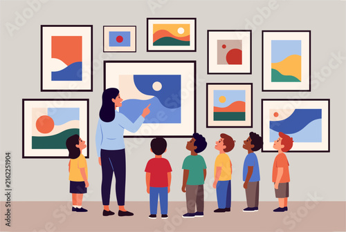 Female teacher showing a gallery of abstract paintings to a group of elementary school children during a museum field trip.