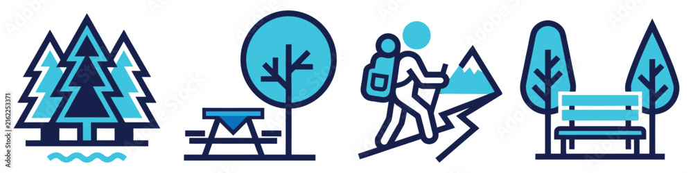 Fototapeta premium Graphic set of nature outdoor adventure icons with pine forest landscape picnic table hiking traveler climbing mountain and public bench for park activity illustrations.