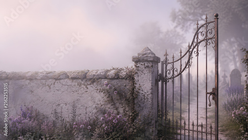 Old iron gate in a foggy cemetery with blooming flowers  