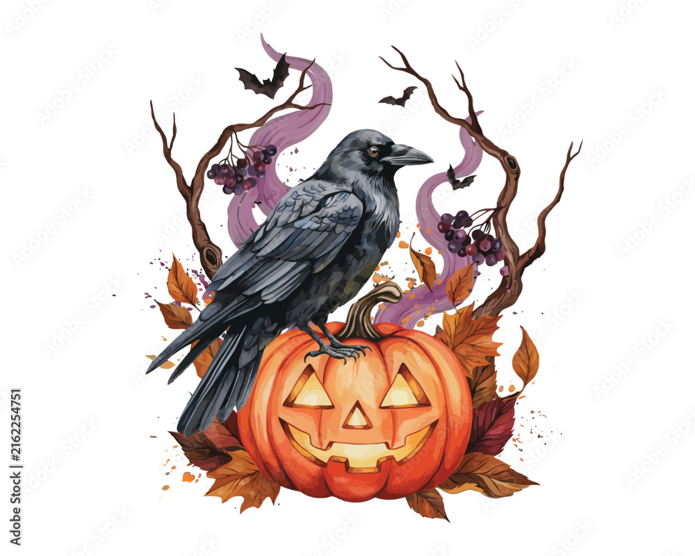 Naklejka premium watercolor Wicked Raven & Pumpkin vector illustration isolated on white background