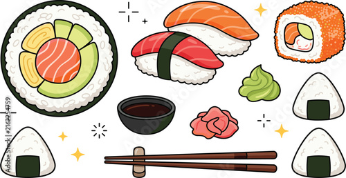 Принти на полотні Traditional Japanese cuisine vector illustration set featuring salmon maki tuna