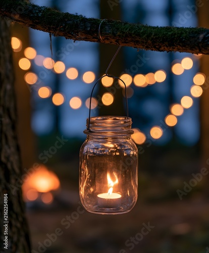 Jar Candle Hanging From Tree Branch