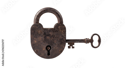 Fotografía Old rusty padlock with vintage key on transparent background