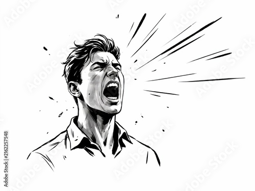 Angry man shouting loudly with an intense expression in black and white sketch
