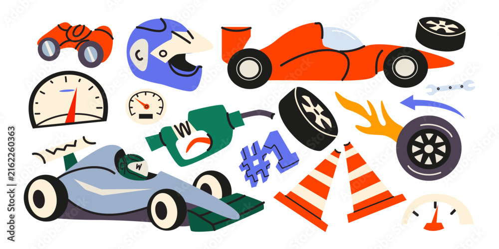 Obraz premium Motorsport and racing vector elements set in cartoon groovy style. Racing cars, driver helmet, speedometer, tires, fuel pump and checkered flags. Motorsport stickers collection