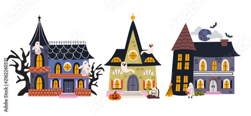 Spooky Halloween houses collection with ghosts, bats and pumpkins in cartoon groovy style. Cute haunted mansion vector illustration elements for autumn holiday design, stickers, badges