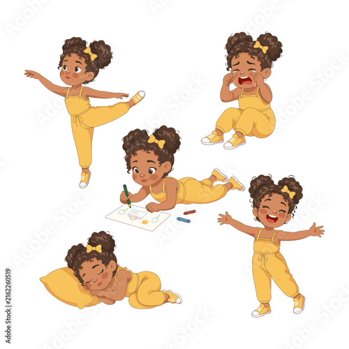 Vector set of a cute black girl with different emotions and everyday activities. Child draws, sleeps, dances, laughs and cries. Perfect for children's books, educational materials, greeting cards