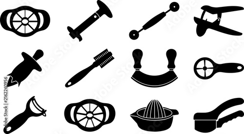 Quadro su tela Kitchen Specialty Tools and Food Preparation Utensils Vector Icon Set Featuring