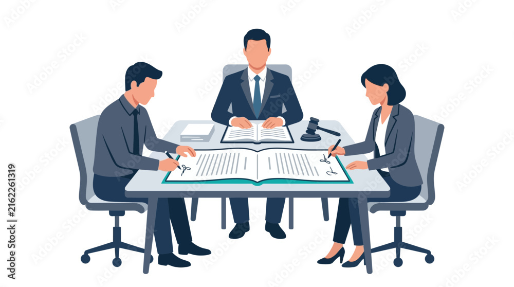 Obraz premium Business Meeting: Professionals signing contract at table with judge gavel and documents, isolated on transparent background
