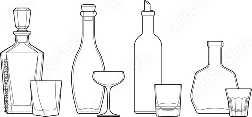Liquor Bottle and Drinking Glass Outline Collection for Beverage Design Concepts