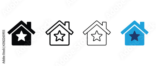 house icons with star symbols in different styles and colors isolated on transparent background