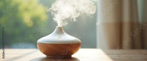 Minimalist aroma humidifier with wood base stands on table releasing gentle mist. Functional wellness decor enhances indoor air quality and mood.