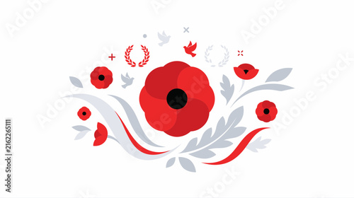 Stylized red poppy floral arrangement with leaves and decorative elements.