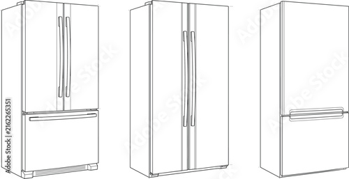 Modern Refrigerator Outline Collection Featuring Double Door and Bottom Freezer Models