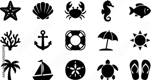 Summer Beach and Ocean Life Icon Set with Marine Animals and Nautical Symbols Isolated on Transparent Background