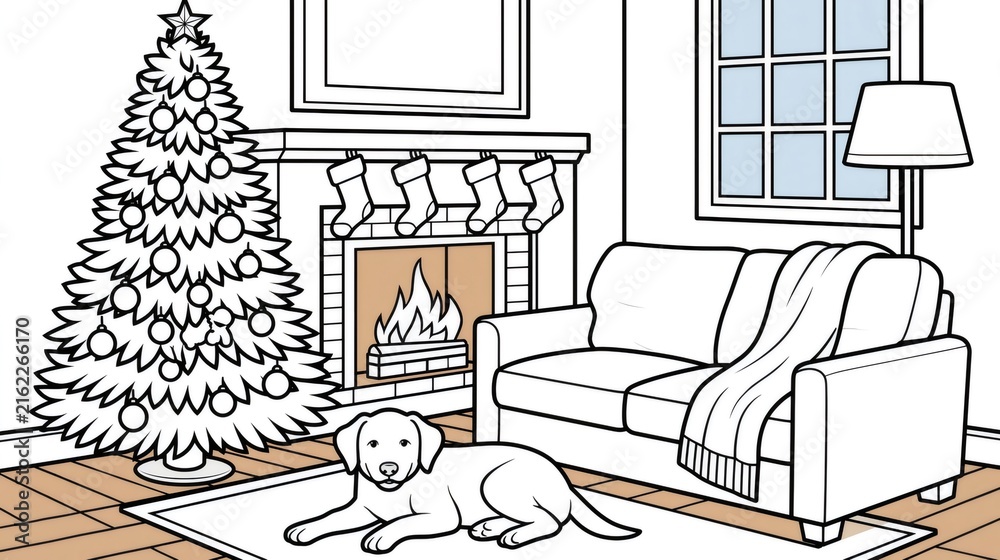 Fototapeta premium Dog relaxing in cozy christmas living room coloring page