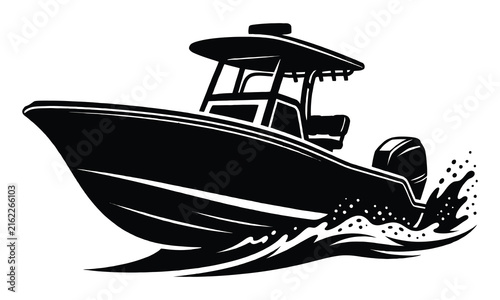 Center Console Fishing Boat Silhouette Vector Illustration with Water Splash