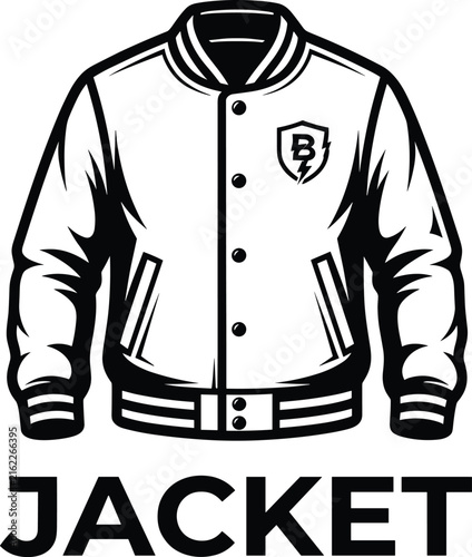 Black and white varsity jacket illustration with shield emblem isolated on white background for fashion apparel design