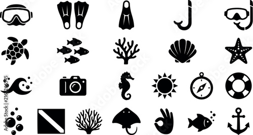 Scuba Diving and Snorkeling Icon Set with Marine Life Equipment and Underwater Symbols Isolated on Transparent Background