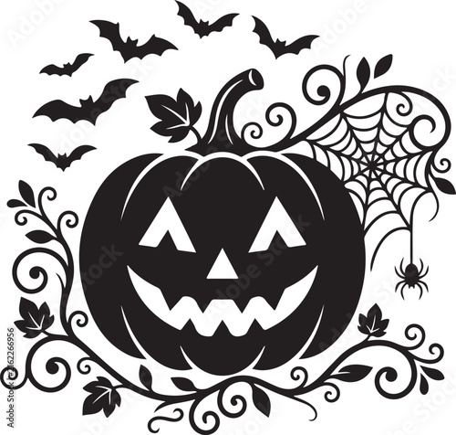 Halloween pumpkin jack o lantern vector spider web bats vines black silhouette line art illustration