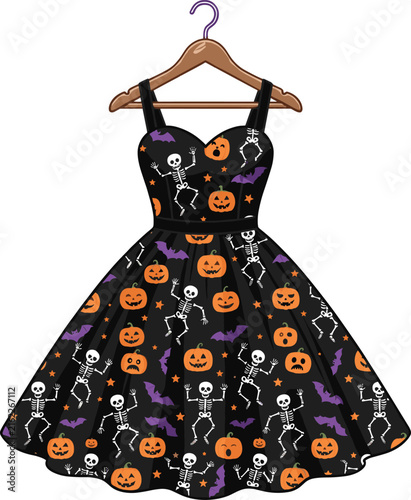 Halloween dress illustration with pumpkins bats skeletons and spooky pattern on black vintage style costume isolated on white background