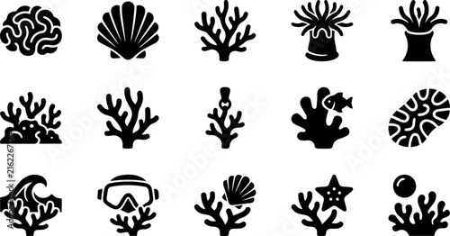 Coral Reef and Marine Life Icon Set with Sea Shell Starfish and Scuba Diving Equipment