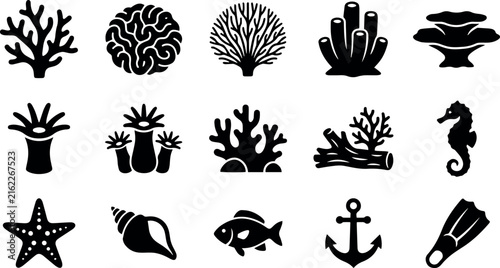 Coral Reef and Marine Life Icon Set with Sea Creatures Shells and Nautical Elements Isolated on Transparent Background