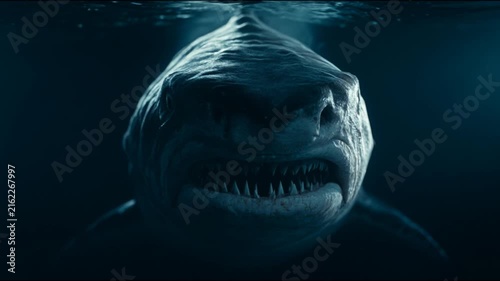 Close-up Underwater Shot of a Fierce Great White Shark Emerging from the Deep