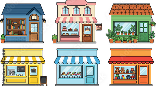 Cute storefront vector illustration set featuring bookstore bakery plant shop coffee house ice cream parlor and toy store isolated on white background