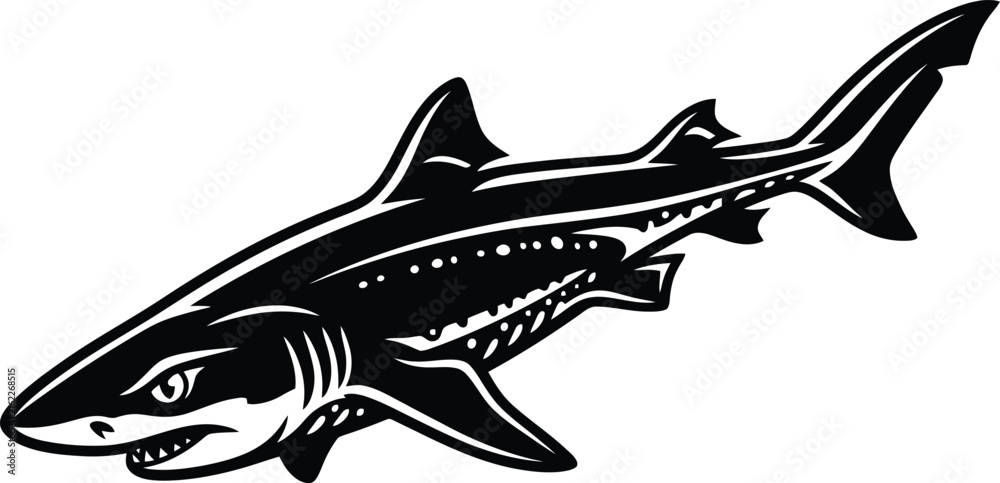 Fototapeta premium Aggressive Shark Predator Swimming Black and White Mascot Vector for Sports Branding, Marine Education & Tattoo Design (EPS)