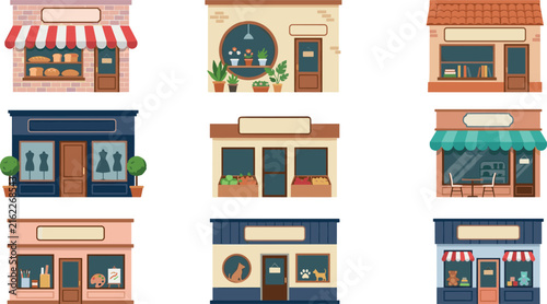 Storefront vector icon set with various retail shop facades bakery grocery bookstore pet shop and cafe buildings isolated on white background for business