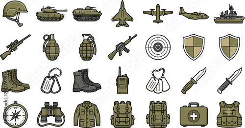Military and Army Vector Equipment Icon Set with Weapons, Vehicles, and Tactical Gear Elements