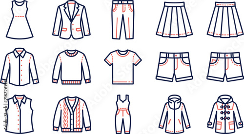 Minimal Clothing Outline Icons Set with Dresses Shirts Jackets Pants Shorts and Skirts Vector Collection