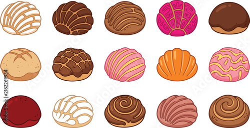 Colorful collection of sweet Mexican conchas, traditional pan dulce pastries, and sweet bread, vector