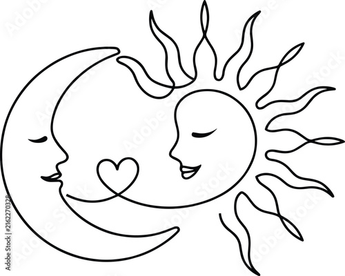 Continuous line of a sun and moon with a heart celestial