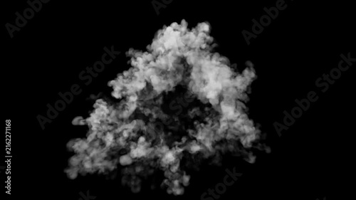 Looping video animation of cartoon style smoke explosion with puff blast dust particles in 4K resolution alpha channel effect moving on black screen background for visual effects motion graphics