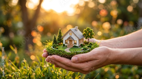 Two pairs of hands holding a detailed miniature model house with small trees and grass in an outdoor garden setting with warm sunlight.