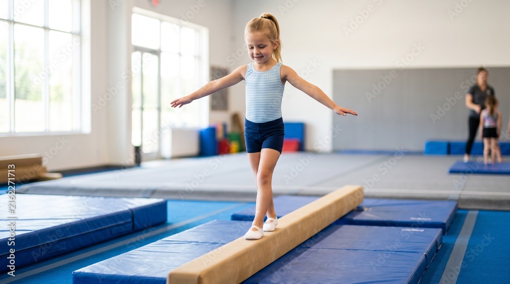 Fototapeta premium Young girl practicing balance beam in gymnastics class with instructor watching
