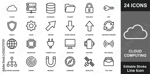 Cloud computing line icon set for network server infrastructure and data center storage technologies.