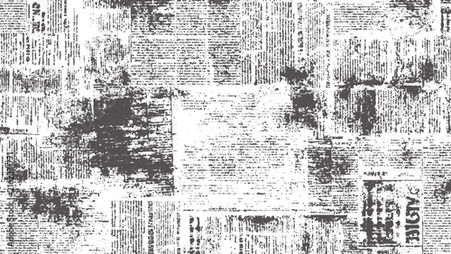 grunge black and white newspaper texture with ink stains and faded text