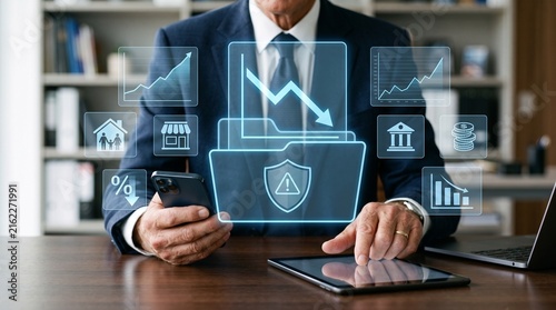 Anonymous Business Professional Analyzing Household Debt SME Loan Risk and Declining Interest Rate Chart with Holographic Overlay