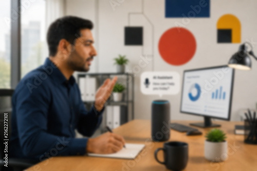 Blurred Modern Office AI Assistant Workspace With Advanced Digital Technology For Professional Productivity