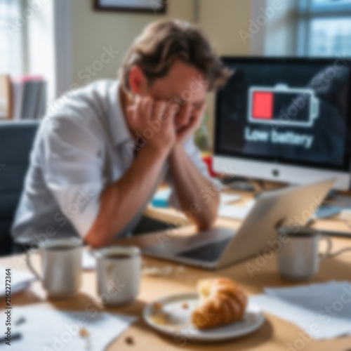 Blurred Stressed Man Covering His Face At An Office Desk With Low Battery Warning Representing Burnout