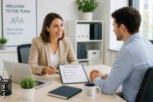 Blurred Warm Welcome Onboarding Meeting With New Employee Joining A Modern Corporate Team
