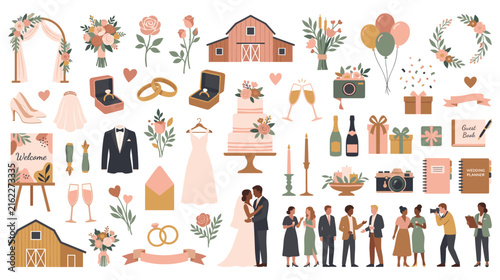 Wedding celebration icons with bridal dress and barn.