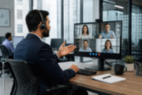 Blurred Employee Attending A Remote Client Meeting From A Modern Office Through Virtual Team Technology
